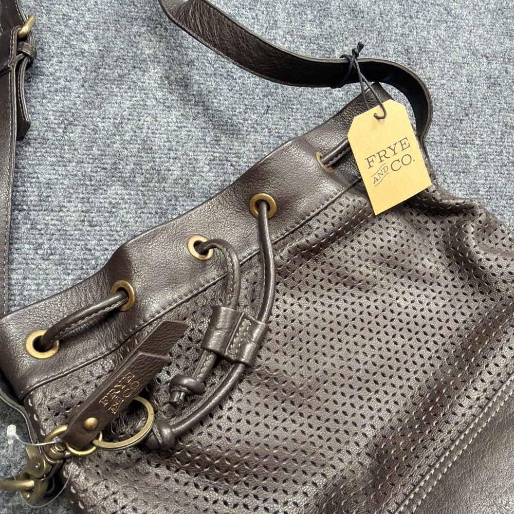 FRYE Leather Bucket Bag Dark Cognac Brown Crossbody Purse Perforated $239 New!!!